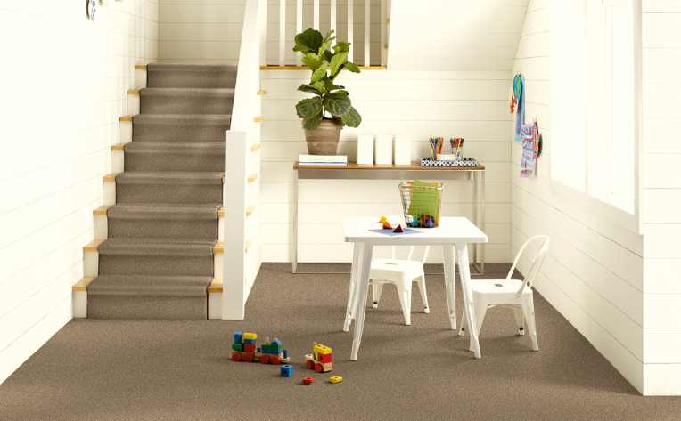 beige stair treads leading down to kids playroom with white shiplap walls